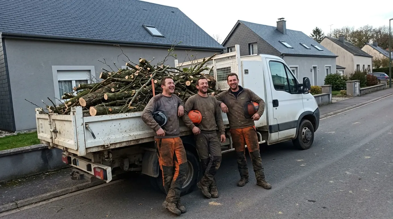 Équipe d'élagueurs devant leur camion-benne chargé de branches