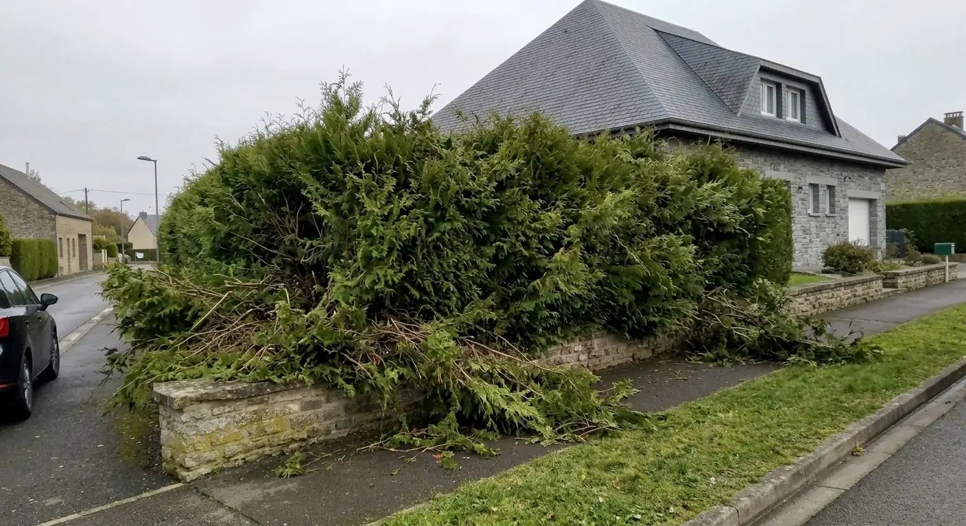 Avant : haie de thuyas qui déborde sur le trottoir